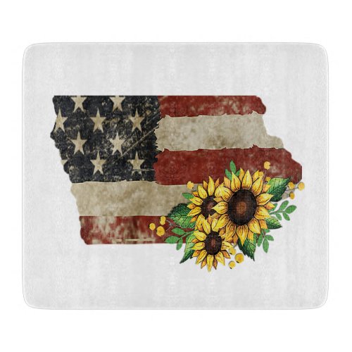 Iowa State Map US Flag Sunflower Glass Cutting Board