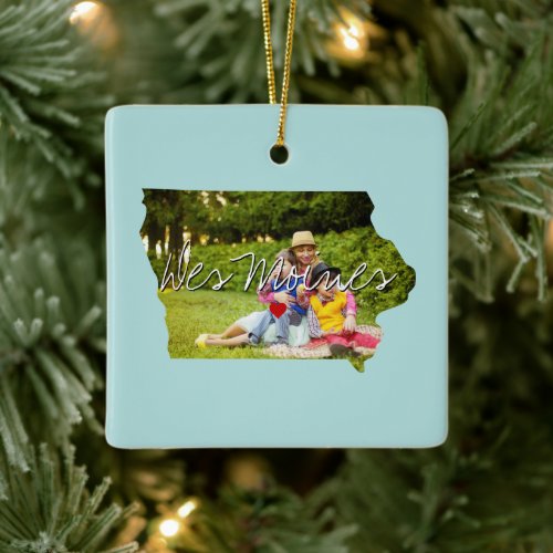 Iowa State Photo insert and town name Ceramic Ornament