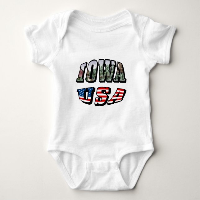 Iowa USA Flag & State Photo Text Baby Bodysuit (Front)