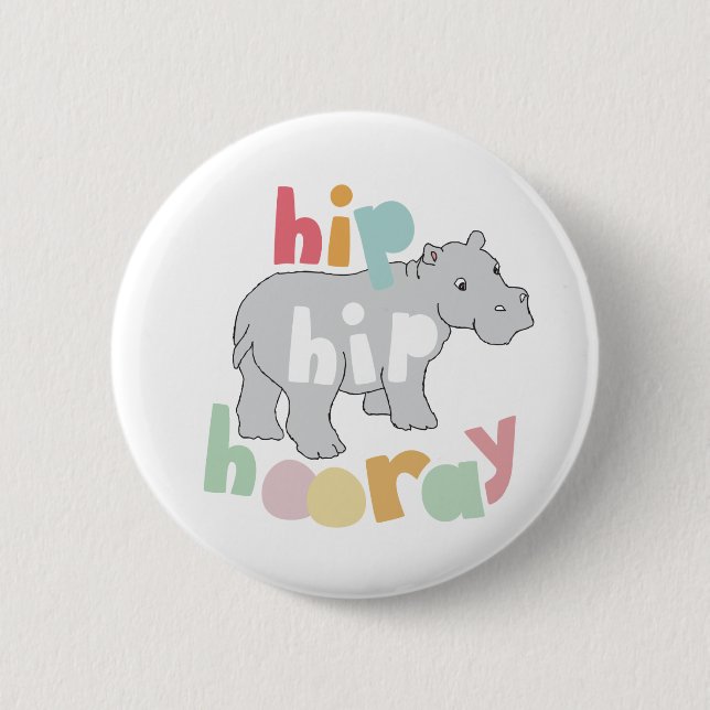 ip Hip Hooray Gray Hippo Drawing Cute Animal Art Button (Front)