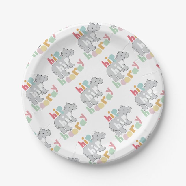 ip Hip Hooray Gray Hippo Drawing Cute Animal Art Paper Plates (Front)