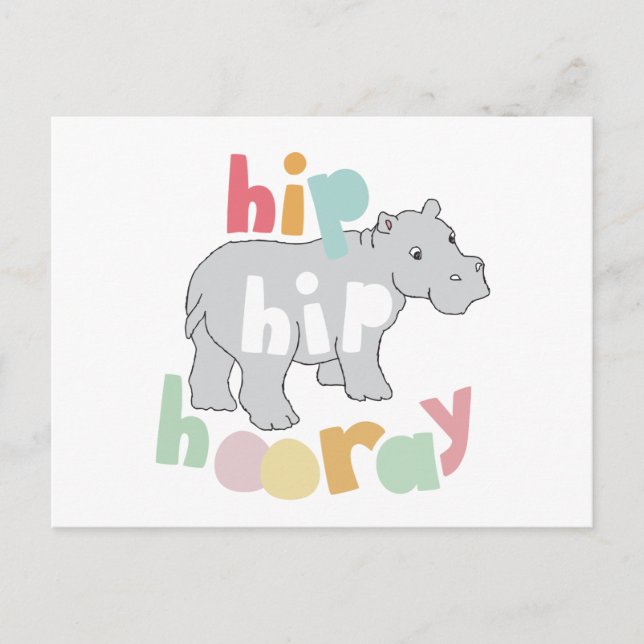 ip Hip Hooray Gray Hippo Drawing Cute Animal Art Postcard (Front)