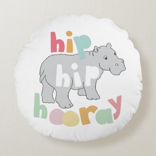 ip Hip Hooray Gray Hippo Drawing Cute Animal Art Round Pillow