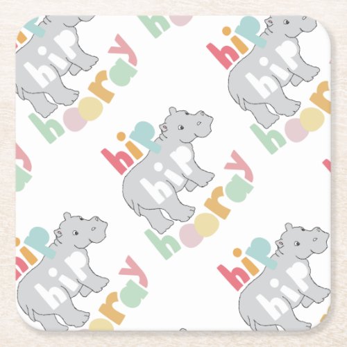 ip Hip Hooray Gray Hippo Drawing Cute Animal Art Square Paper Coaster
