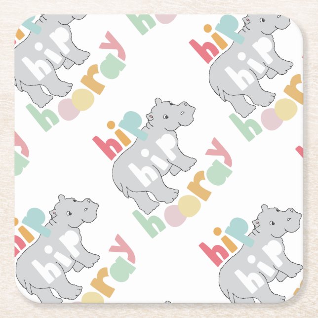 ip Hip Hooray Gray Hippo Drawing Cute Animal Art Square Paper Coaster (Front)