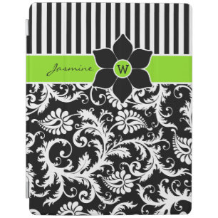 iPad 2,3,4 Cover   Lime Black White Stripes Damask