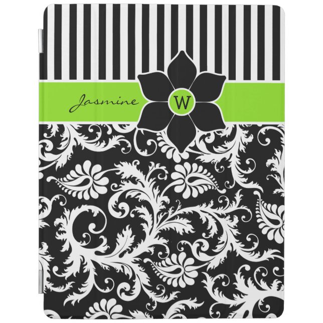 iPad 2,3,4 Cover | Lime Black White Stripes Damask (Front)