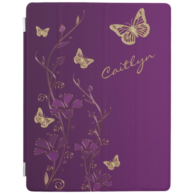 iPad Cover | Purple, Gold Floral, Butterflies (Front)