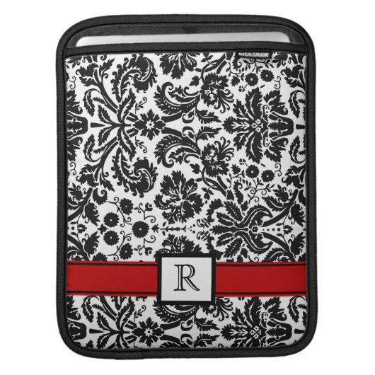 iPad Custom Monogram Red Black Floral Damask iPad Sleeve (Front Device)