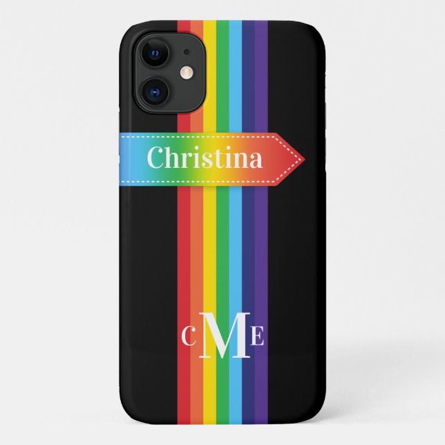 iPhone 11 Case | Rainbow Striped with Monogram (Back)