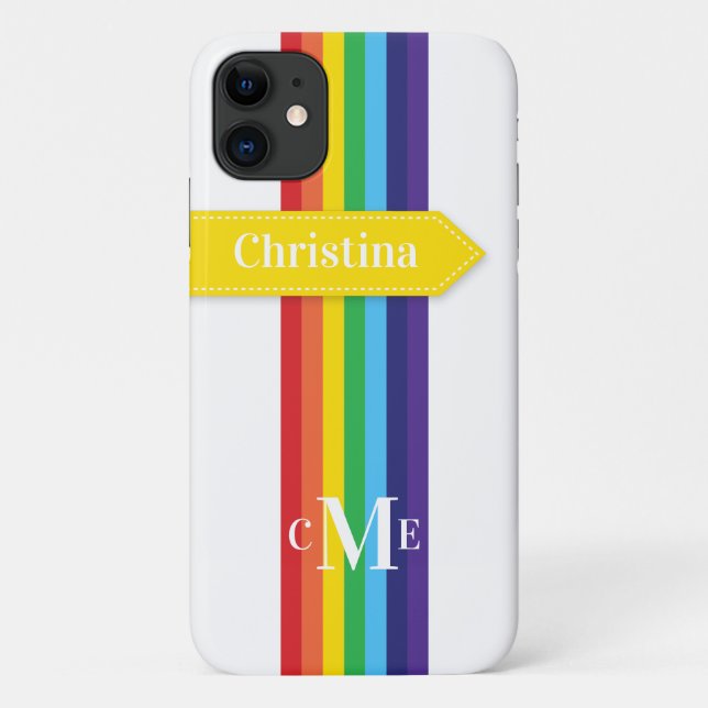 iPhone 11 Case | Rainbow Striped with Monogram (Back)