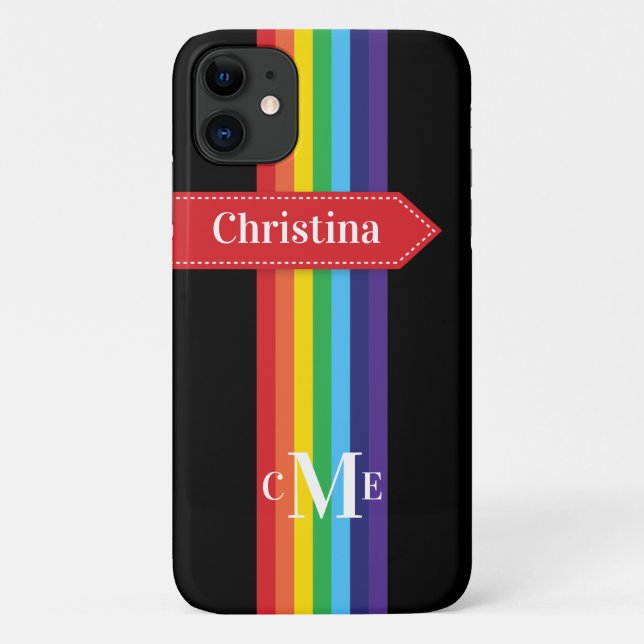iPhone 11 Case | Rainbow Striped with Monogram (Back)