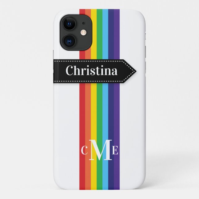 iPhone 11 Case | Rainbow Striped with Monogram (Back)