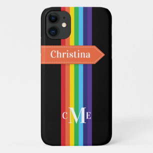 iPhone 11 Case   Rainbow Striped with Monogram