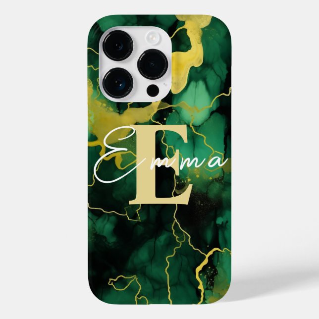 iPhone 14 Pro case Green & Gold Alcohol Ink (Back)