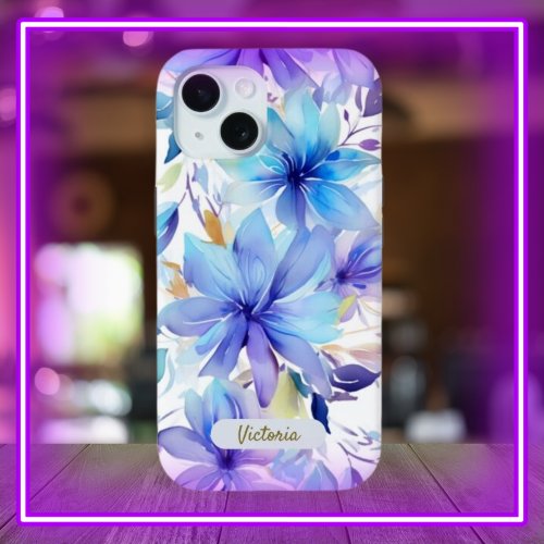 iPhone 15 Case Blue  Purple Floral Design  Name