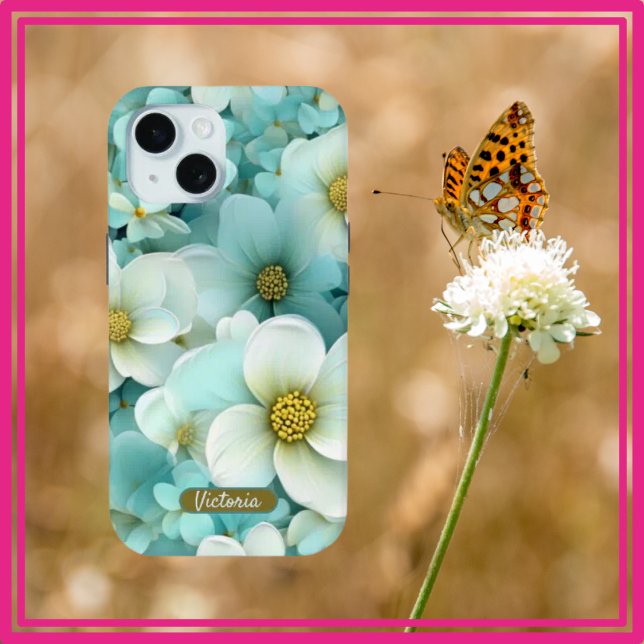 iPhone 15 Case Green & White Floral Design & Name (Creator Uploaded)