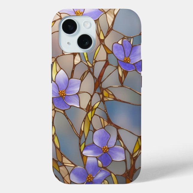 iPhone 15 case Stained Glass Purple Flowers (Back)