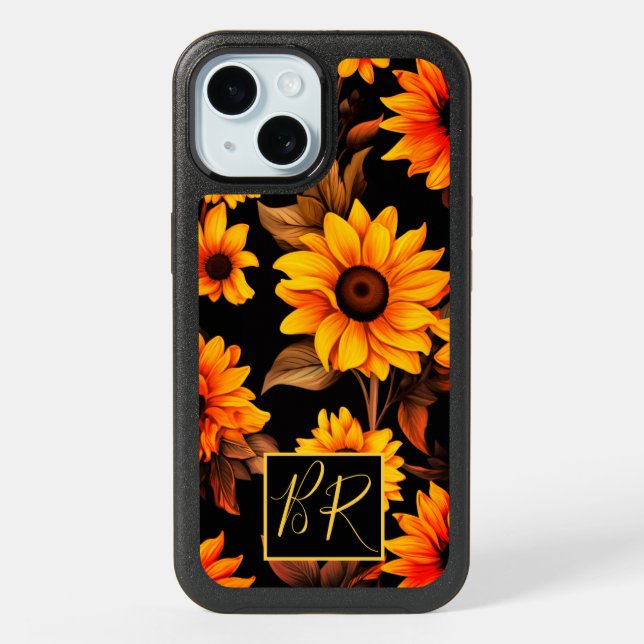 iPhone 15 Otterbox Case with Monogram & Sunflowers (Back)