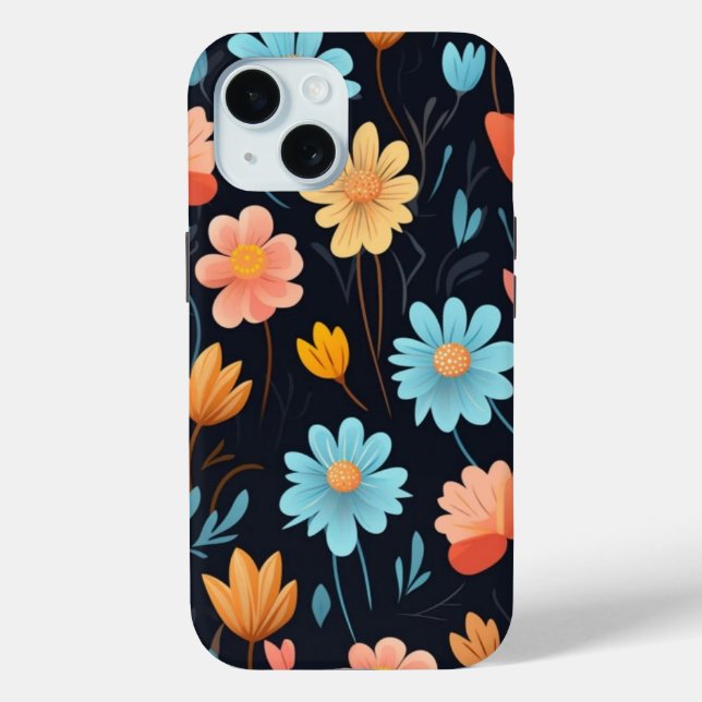 iPhone 15 Phone Case w/ Cartoon Art Floral Design (Back)