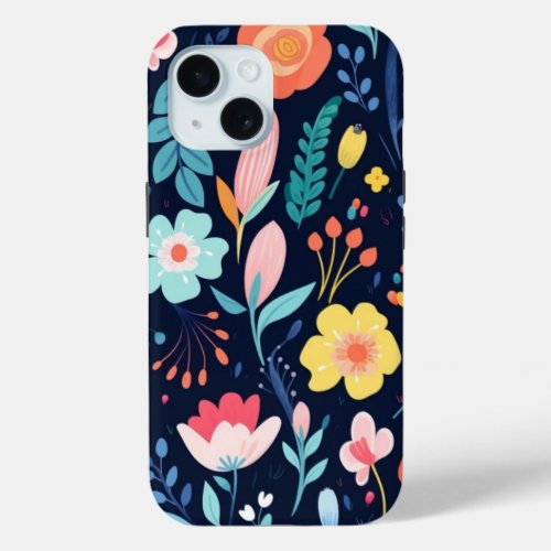 iPhone 15 Phone Case W Cartoon Art Floral Design