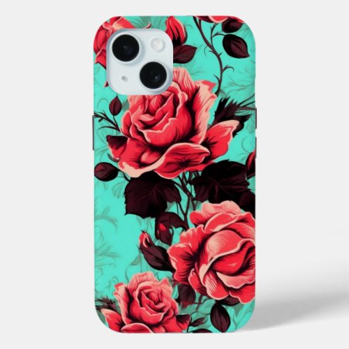 iPhone 15 Phone Case W Red Rose Floral Design