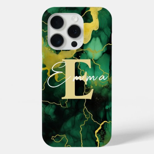 iPhone 15 Pro case Green  Gold Alcohol Ink