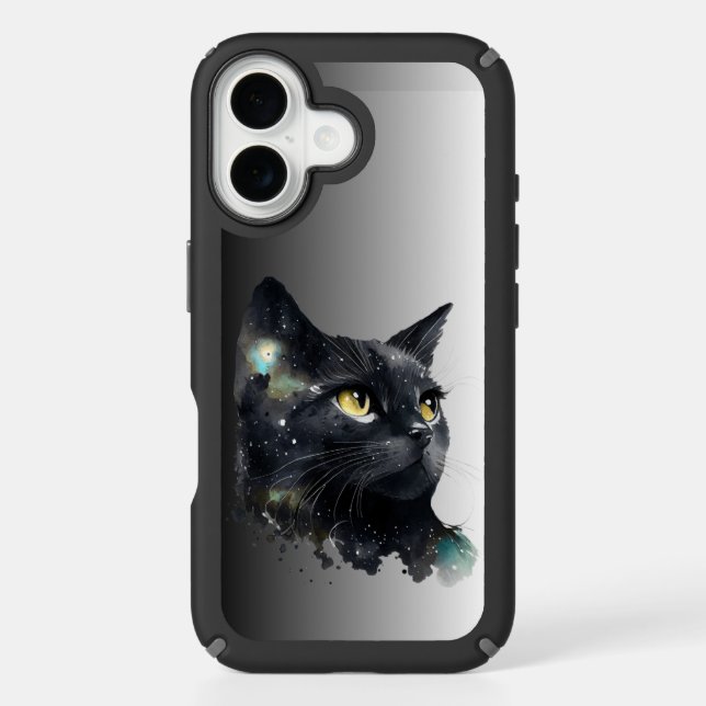 iPhone 16 Case – Cosmic Watercolor Black Cat Desig (Front)