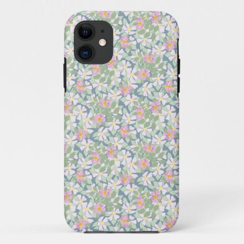 iPhone 55s Case Pink Dogroses on Blue Blue iPhone 11 Case