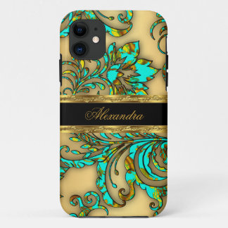 iPhone 5 Elegant Teal Gold Black Floral Damask 11 Case