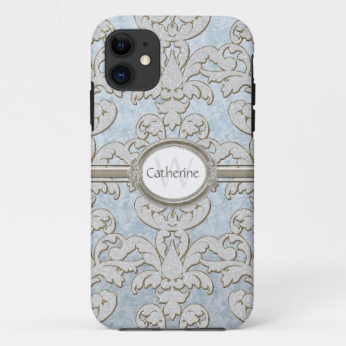 Iphone 5 Sparkle Floral Leaf Damask Personalized iPhone 11 Case