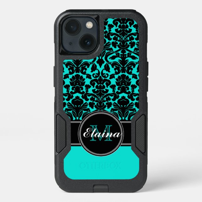 iPhone 6/6s Case | Monogrammed Teal, Black Damask (Back)