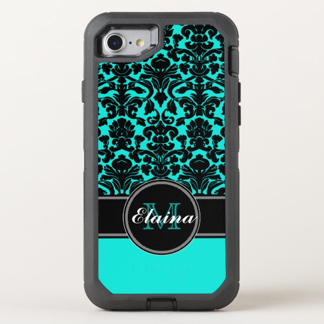 iPhone 6/6s | Monogrammed Teal, Black Damask (Back)