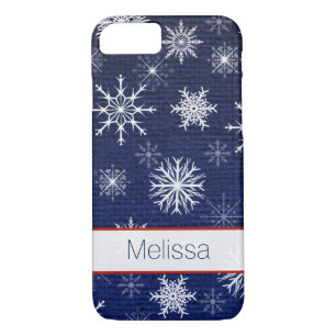 iPhone 7 Case   Faux Burlap   Snowflakes - Navy