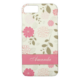 iPhone 7 Case | Flowers, Leaves | Pink Green Ivory