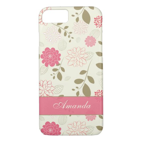 iPhone 7 Case  Flowers Leaves  Pink Green Ivory
