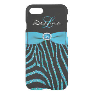 iPhone 7 Case | Monogram Aqua, Black Glitter Zebra