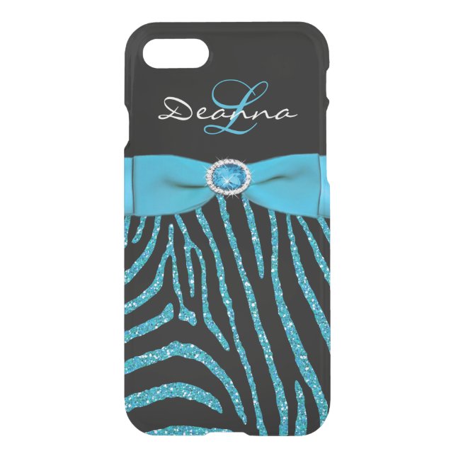 iPhone 7 Case | Monogram Aqua, Black Glitter Zebra (Back)