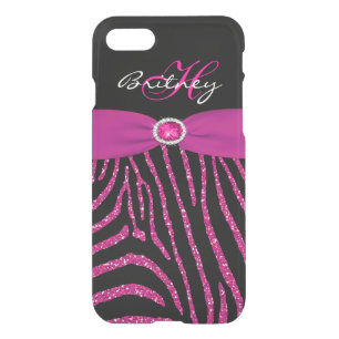 iPhone 7 Case Monogram Pink, Black Glitter Zebra