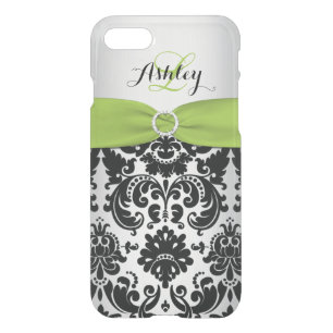 iPhone 7 Case Monogrammed Lime Black Silver Damask