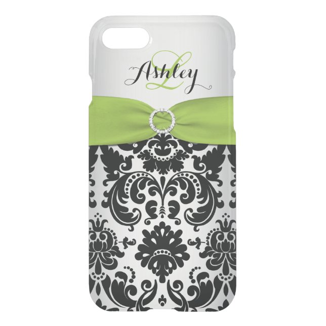 iPhone 7 Case Monogrammed Lime Black Silver Damask (Back)