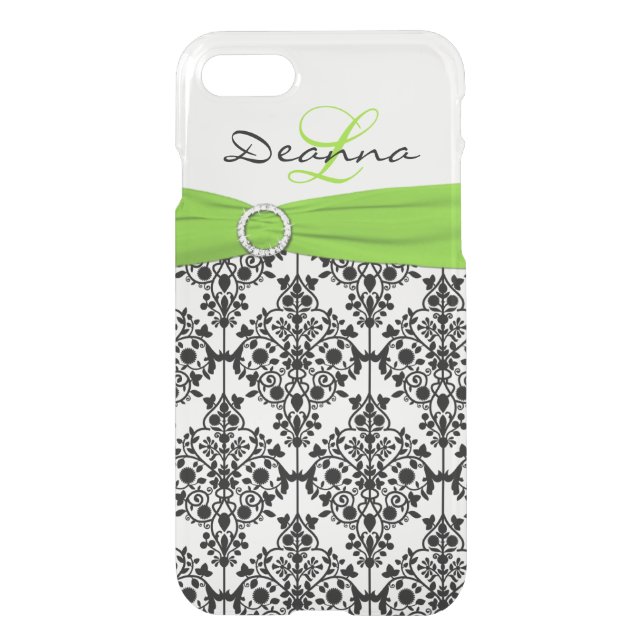 iPhone 7 Case Monogrammed Lime Black White Damask (Back)