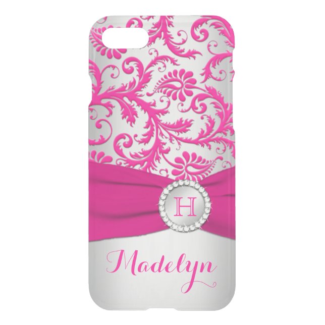 iPhone 7 Case Monogrammed Pink and Silver Damask (Back)
