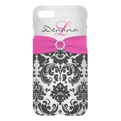 iPhone 7 Case Monogrammed Pink Black Silver Damask