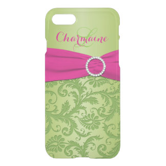 iPhone 7 Case Monogrammed Pink, Lime Green Damask