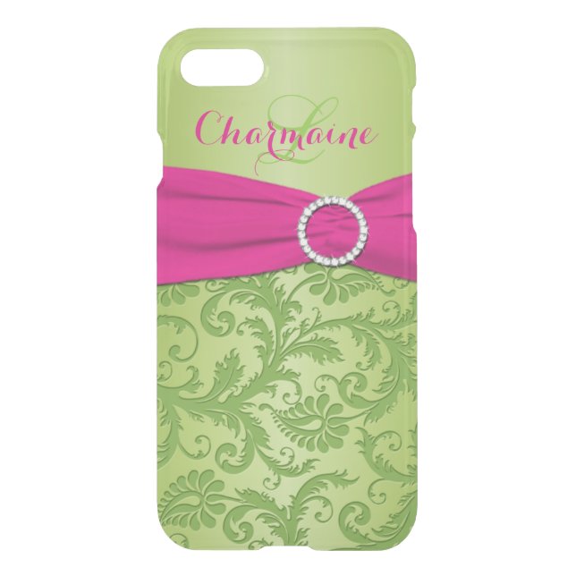 iPhone 7 Case Monogrammed Pink, Lime Green Damask (Back)