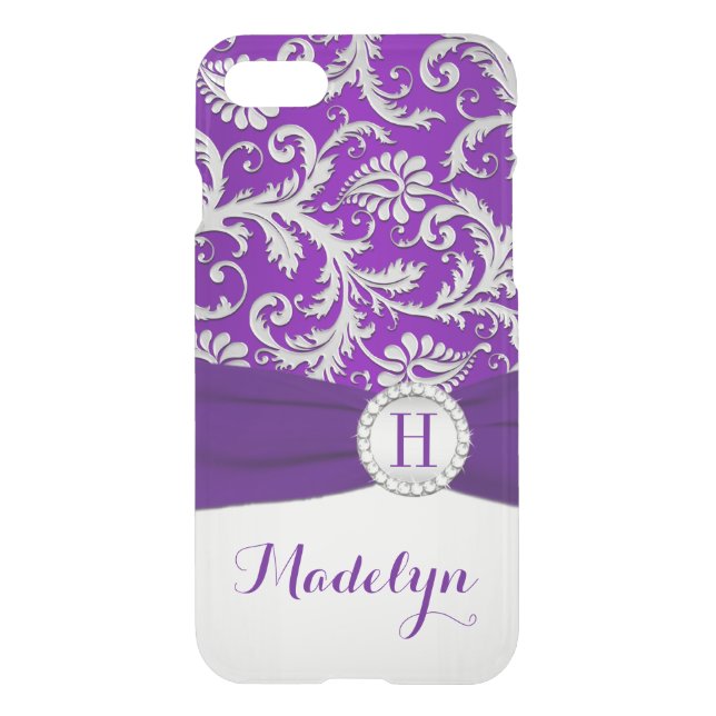 iPhone 7 Case Monogrammed Purple and Silver Damask (Back)