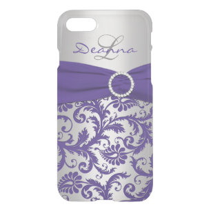 iPhone 7 Case Monogrammed Purple, Silver Damask