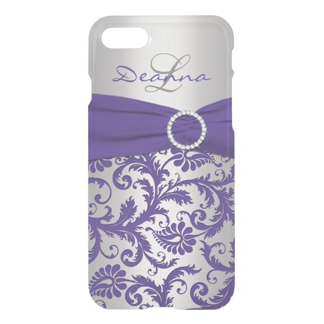 iPhone 7 Case Monogrammed Purple, Silver Damask (Back)