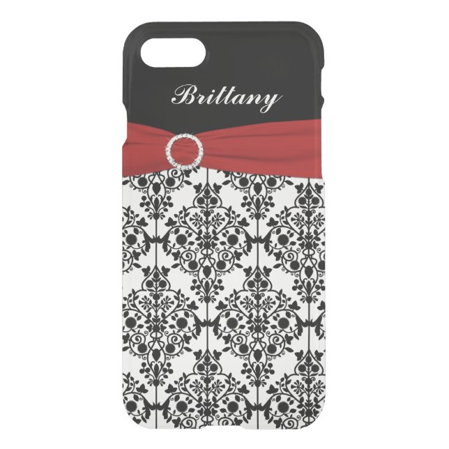iPhone 7 Case Monogrammed Red Black White Damask (Back)